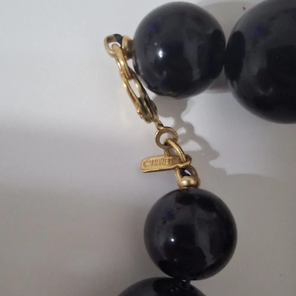Monet Gold Tone Chunky Round Black Beaded Statement Necklace Mod Vintage